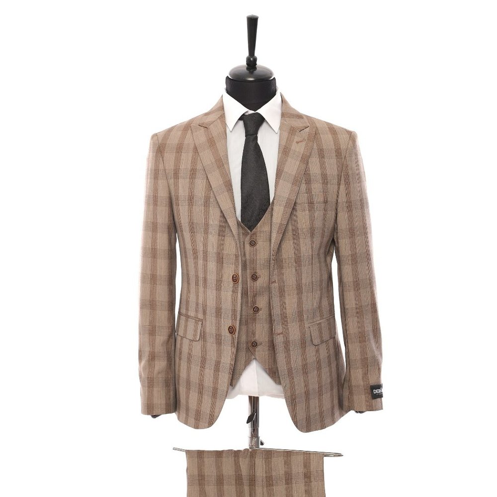 Derman Suits' Brown Plaid 3-Piece Suit, Turkish Import